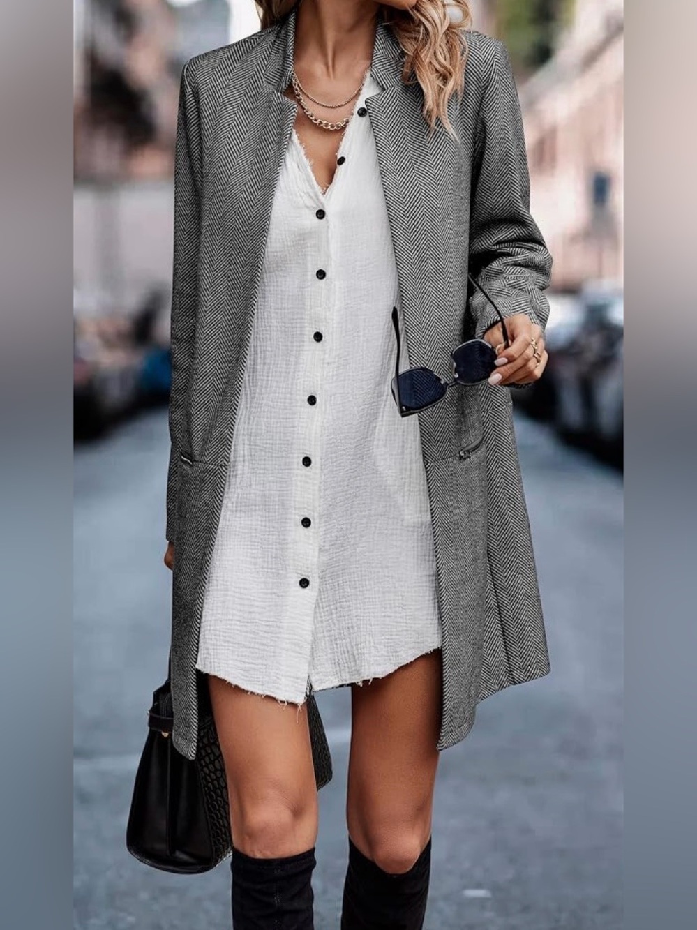 Gray Herringbone Long Blazer (L)